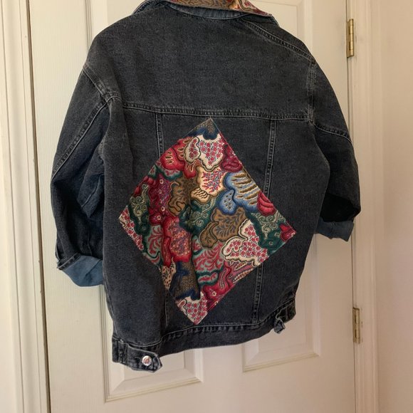 Vintage Black Jean Jacket w/ Patchwork Detailing - Picture 2 of 3